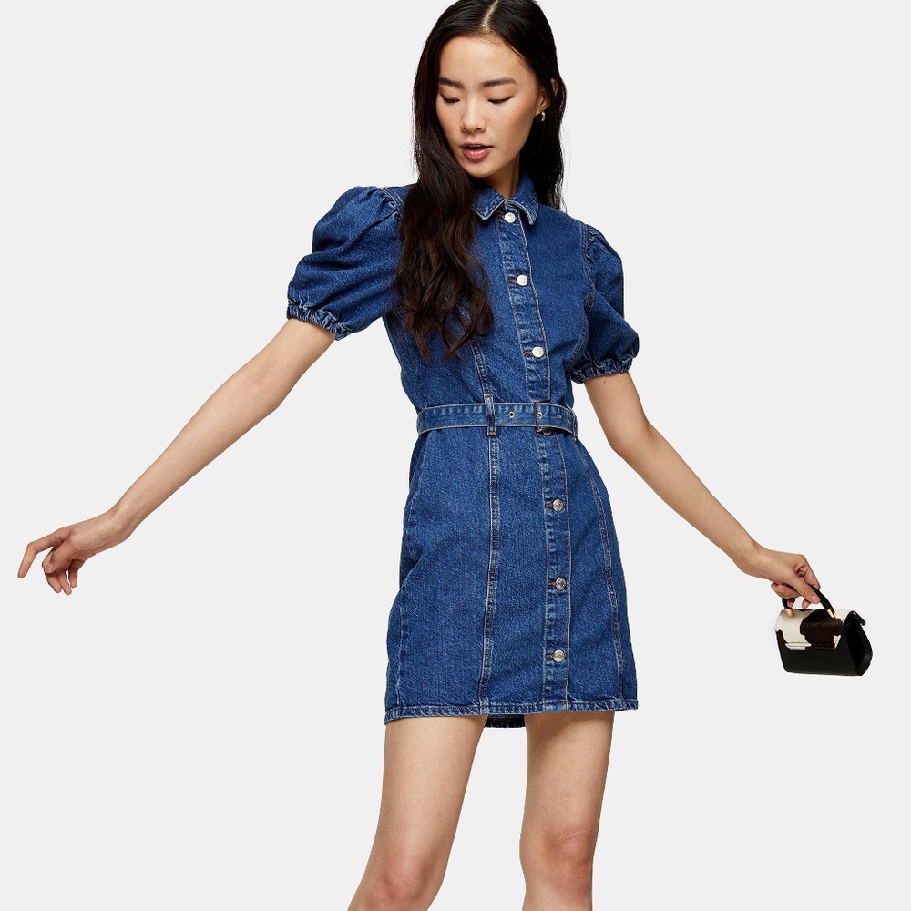 TOP SHOP DENIM DRESS CONSIDERED PUFF SLEEVE